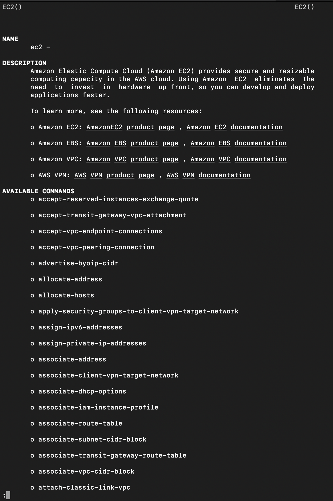 aws ec2 help